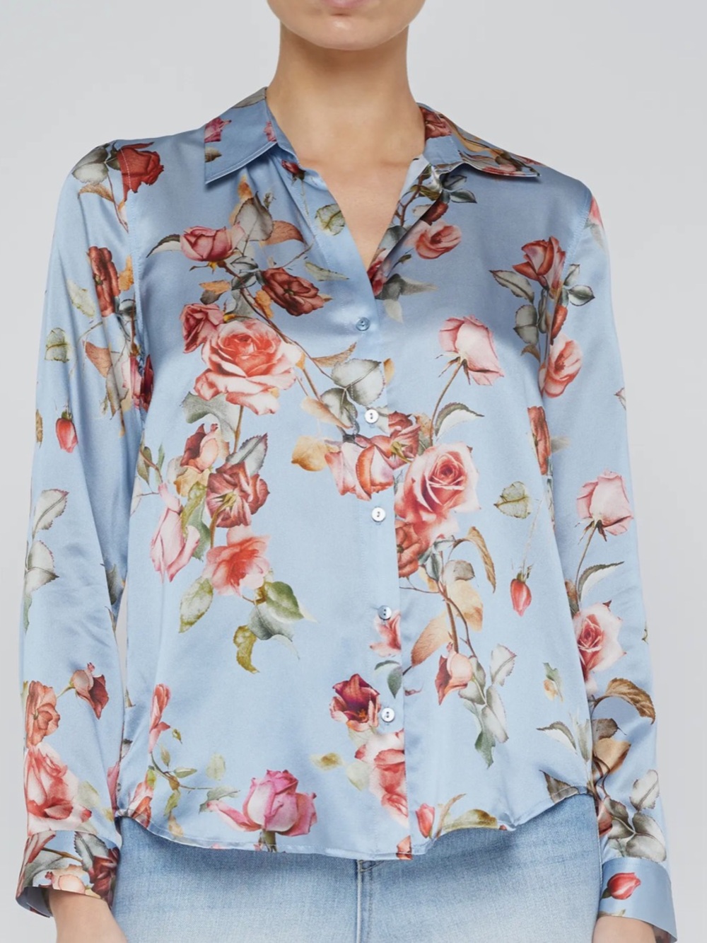 LAGENCE TYLER FLORAL PRINT SILK BUTTON UP SHIRT LIGHT BLUE - L